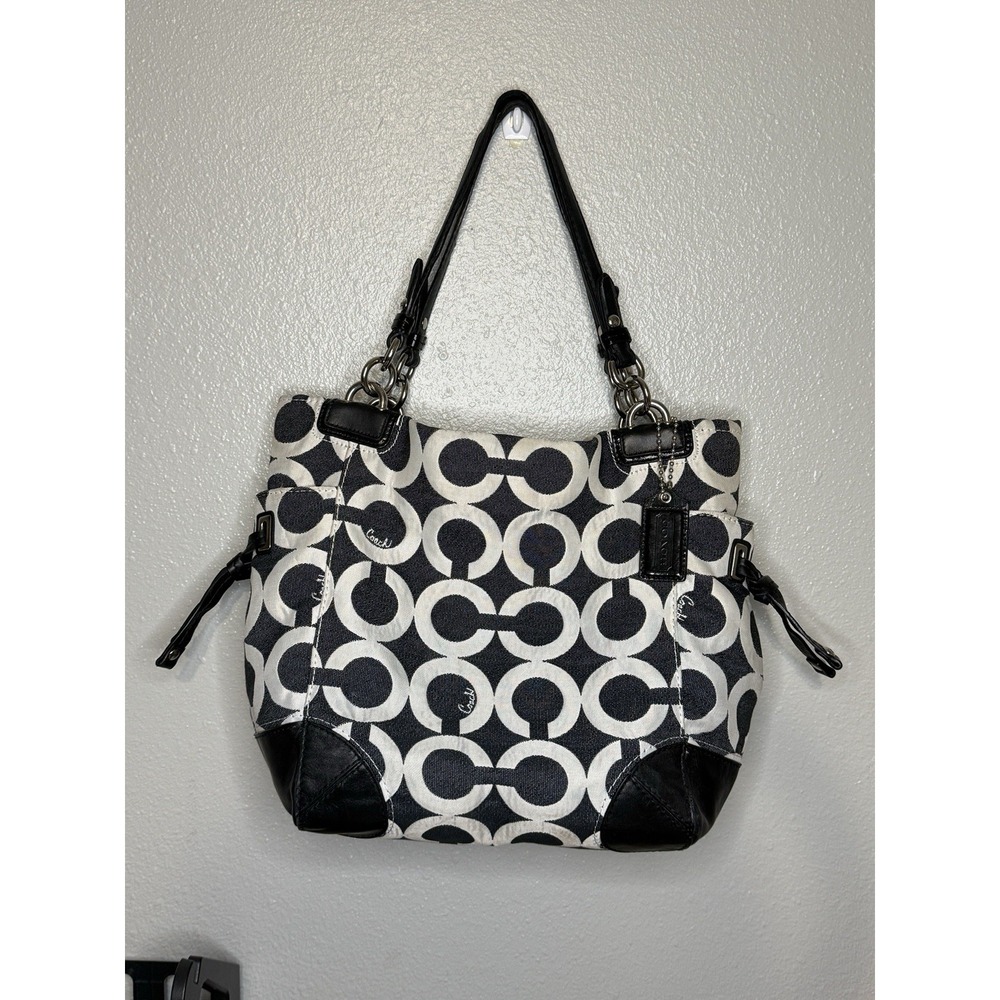 Coach Signature‎ Op Art Draw String Sides Hobo Handbag Black White 14573